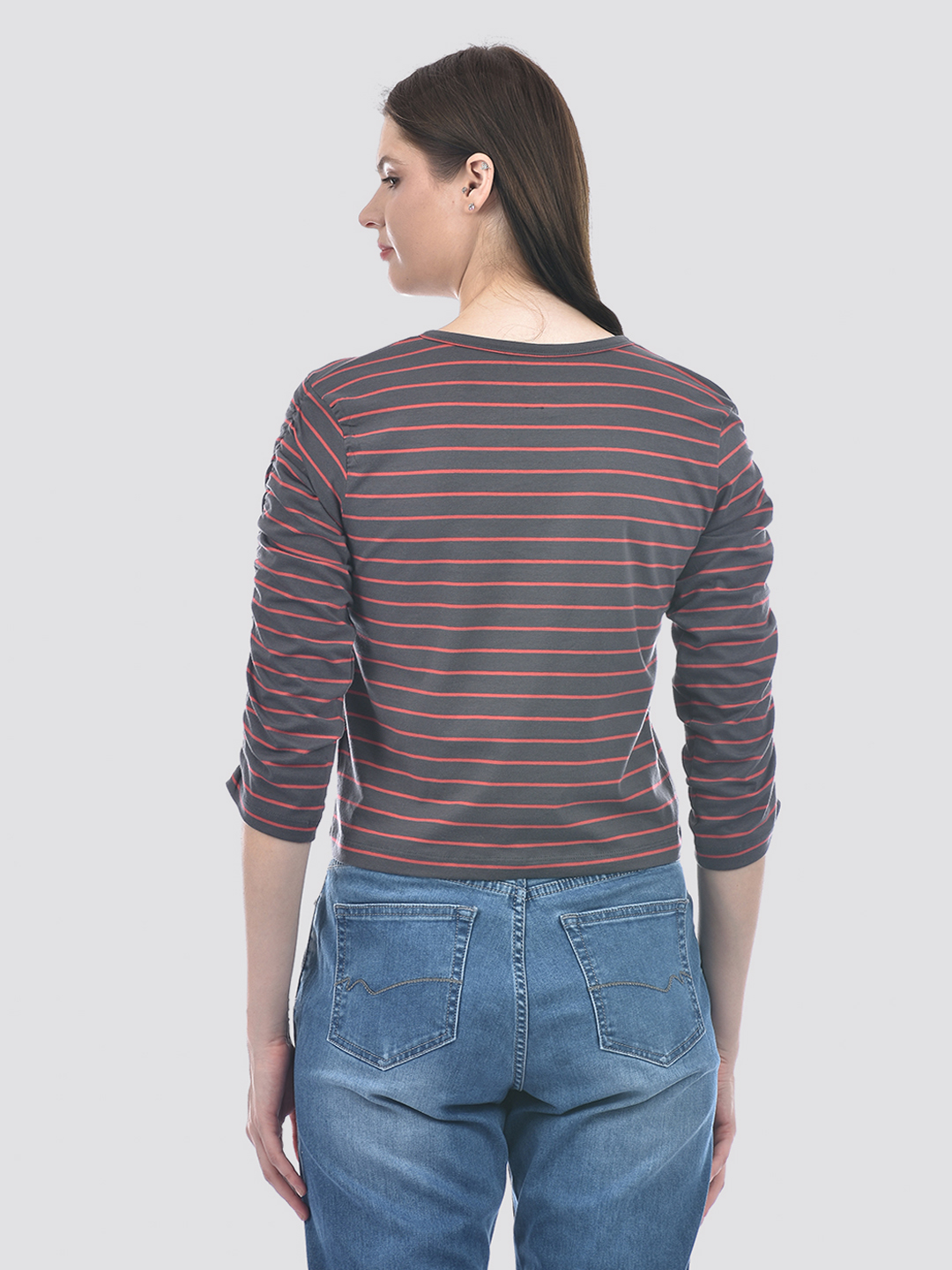 Numero Uno Women Charcoal & Coral Striped Henley Neck T-Shirt